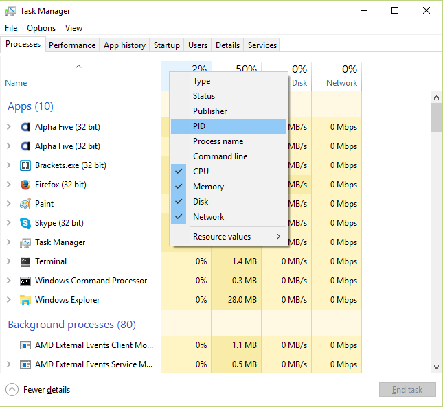 Adding the PID column to the Processes tab in Windows Task Manager